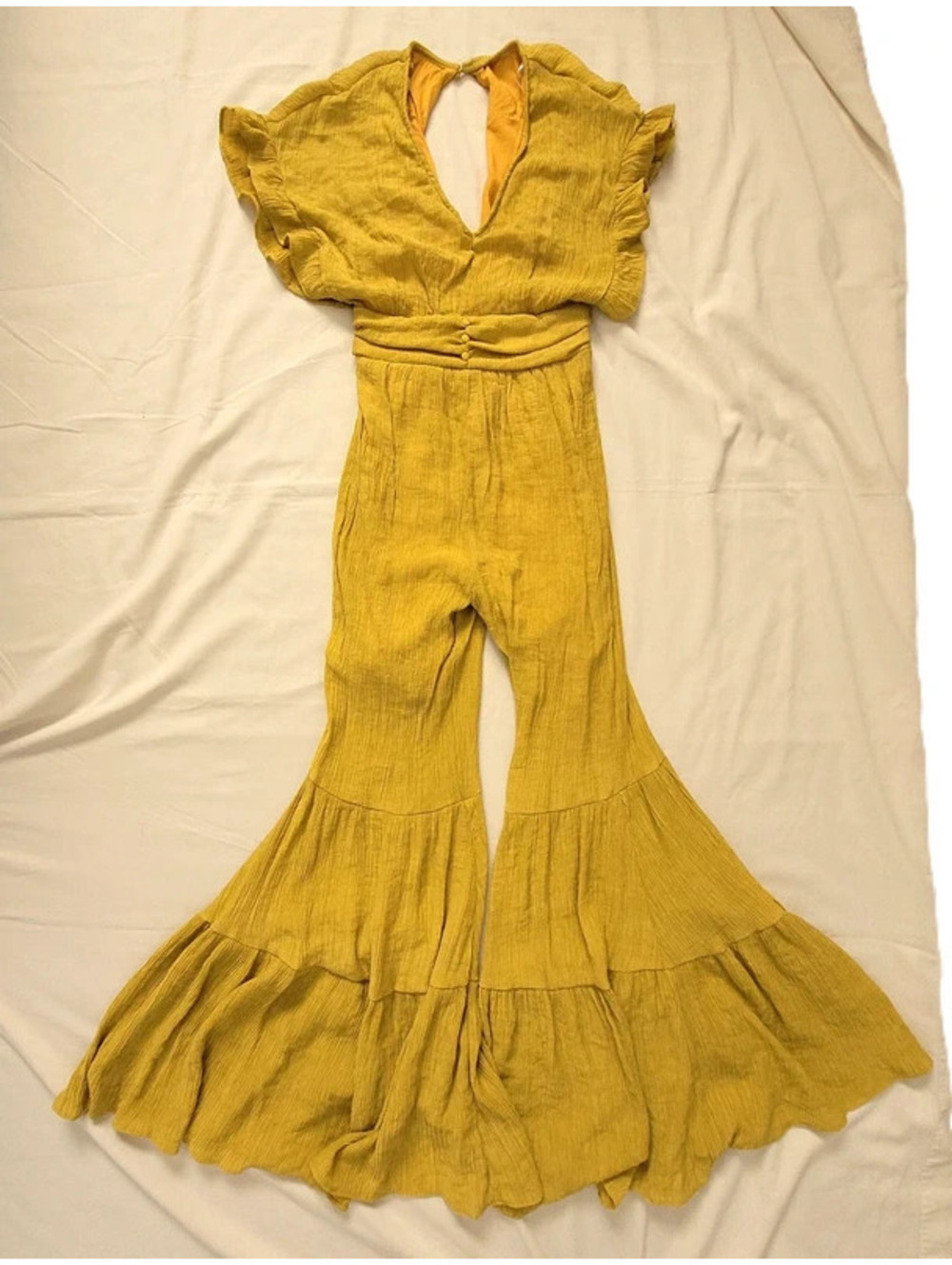 The Clothing Co. Women's Small Mustard Yellow Ruffle Bell Bottom Jumpsuit Boho